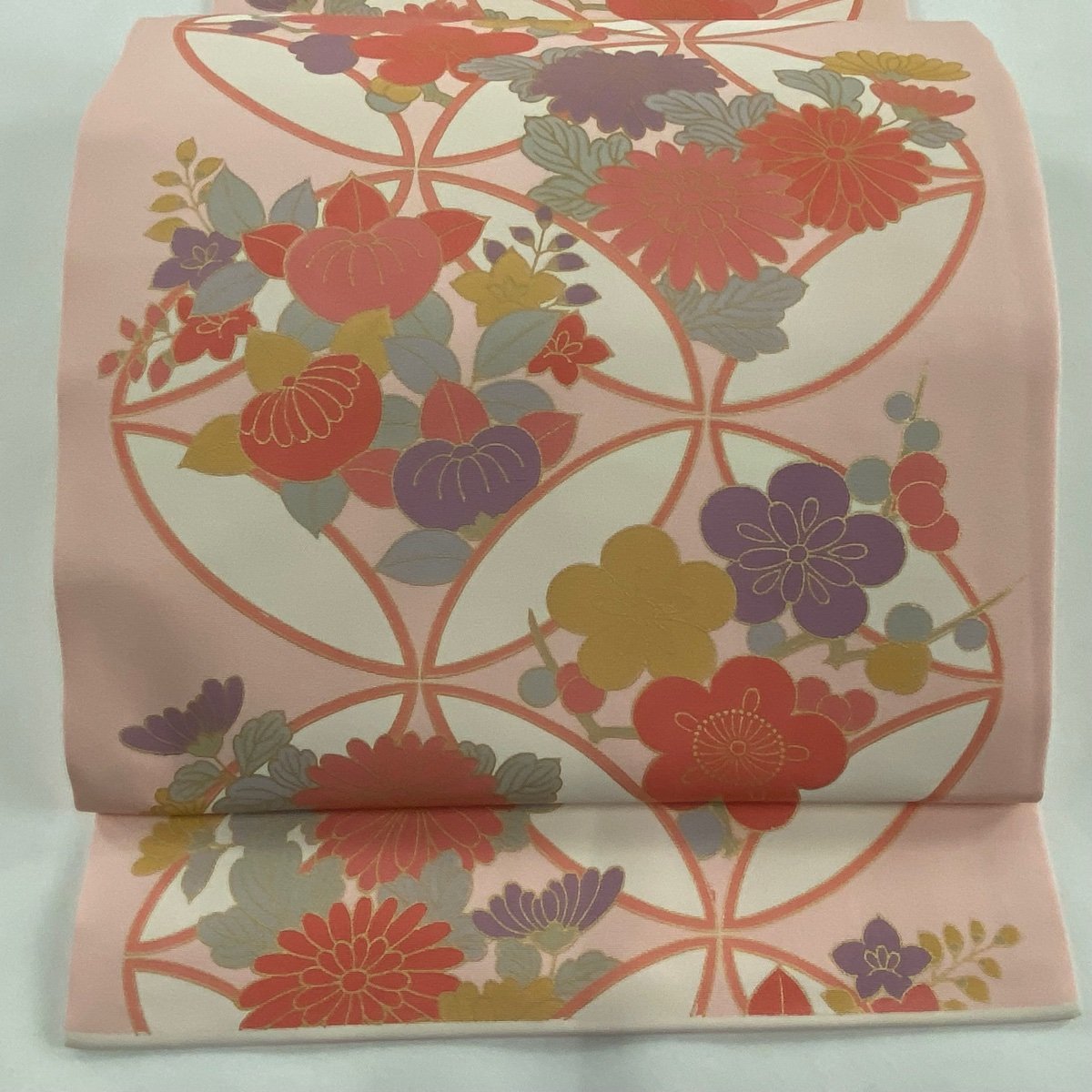 開き名古屋帯 美品 秀品 七宝 菊 金彩 ピンク 正絹 【中古】_バイセル 14120_1