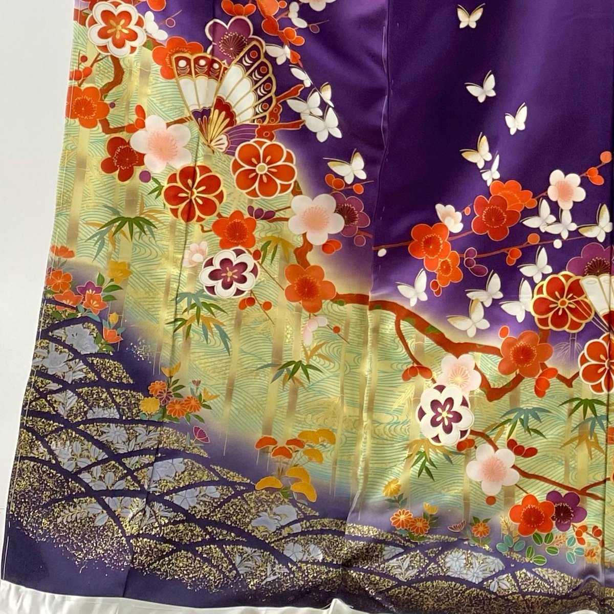  long-sleeved kimono length 178cm sleeve length 69cm simplified temporary . feather butterfly branch plum gold thread gold silver . purple silk preeminence goods [ used ]