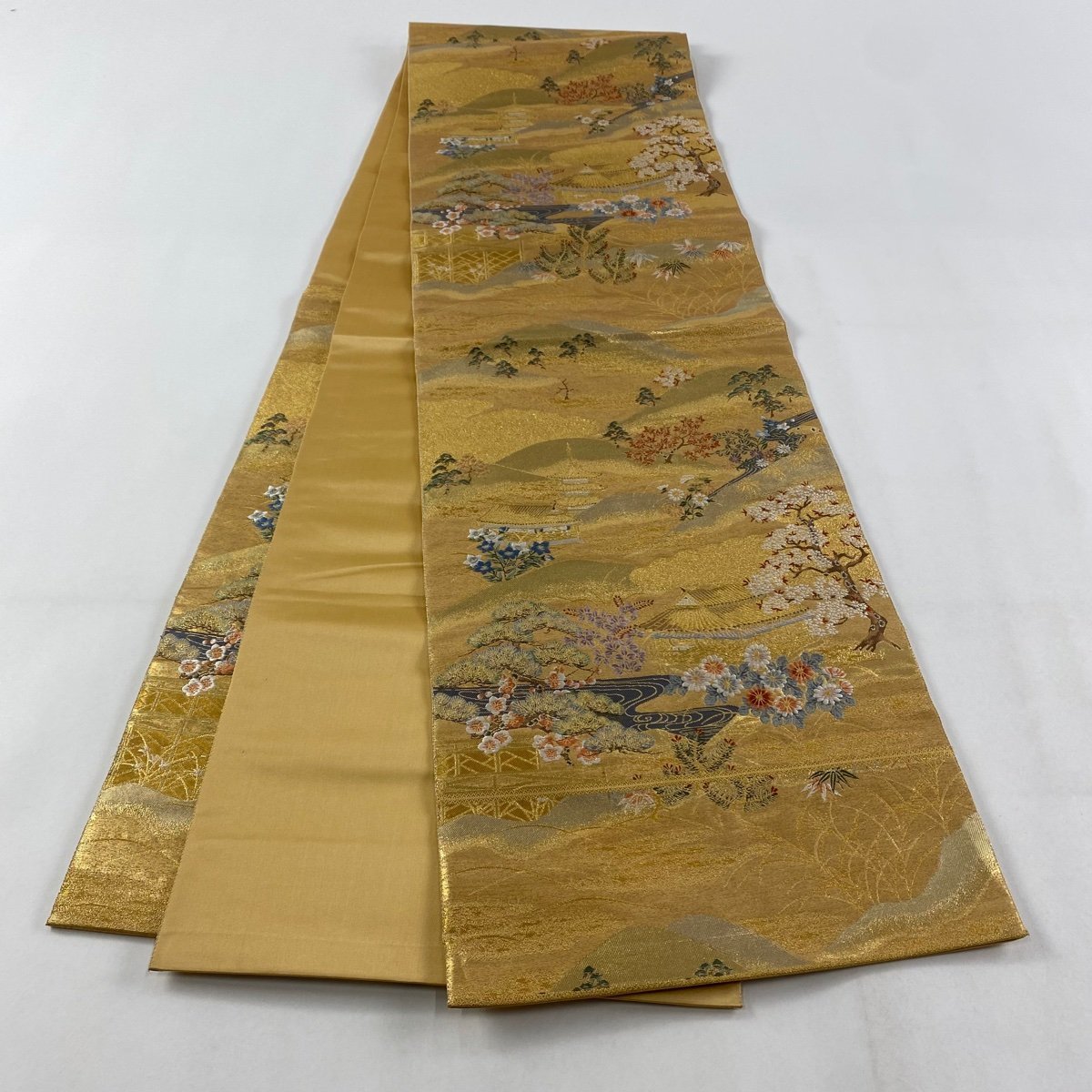 袋帯 美品 名品 落款 瀞金錦 長嶋成織物 小倉山の里 本金箔 金糸 金色 六通 正絹 【中古】_バイセル 14117_6