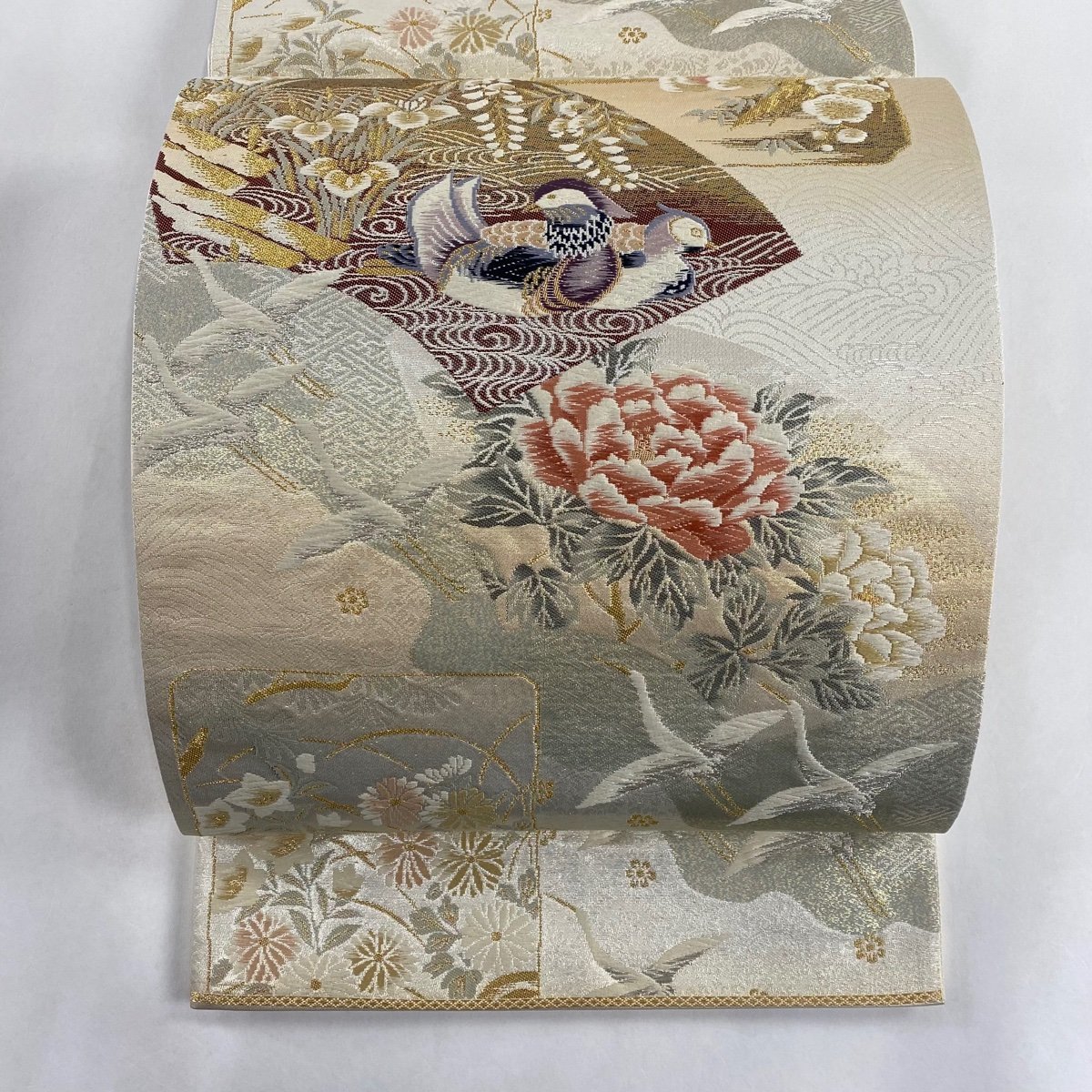 袋帯 美品 秀品 花鳥 扇面 金銀糸 箔 灰白 六通 正絹 【中古】_バイセル 14117_1