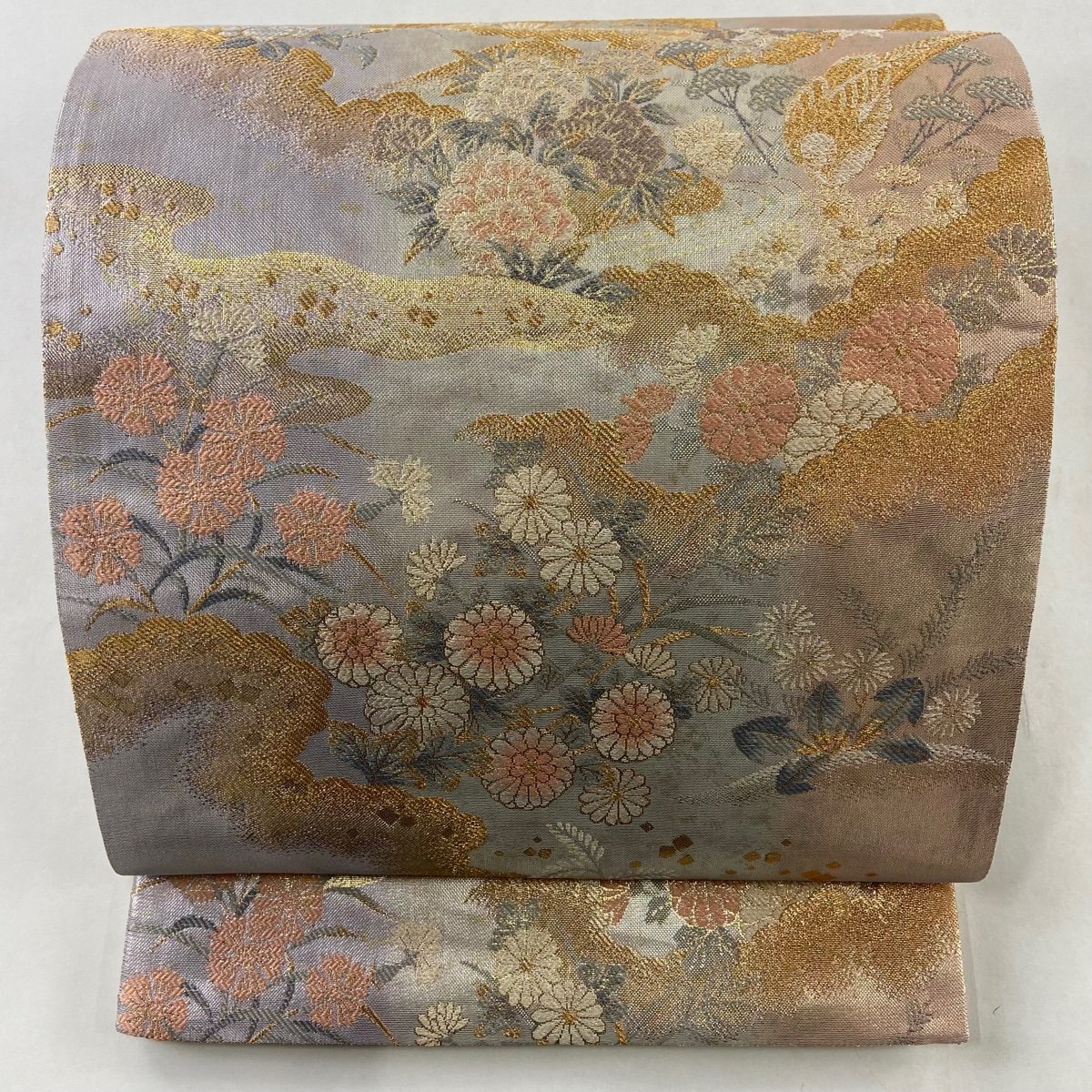 袋帯 秀品 草花 鶴 金糸 箔 薄オレンジ 六通 正絹 【中古】