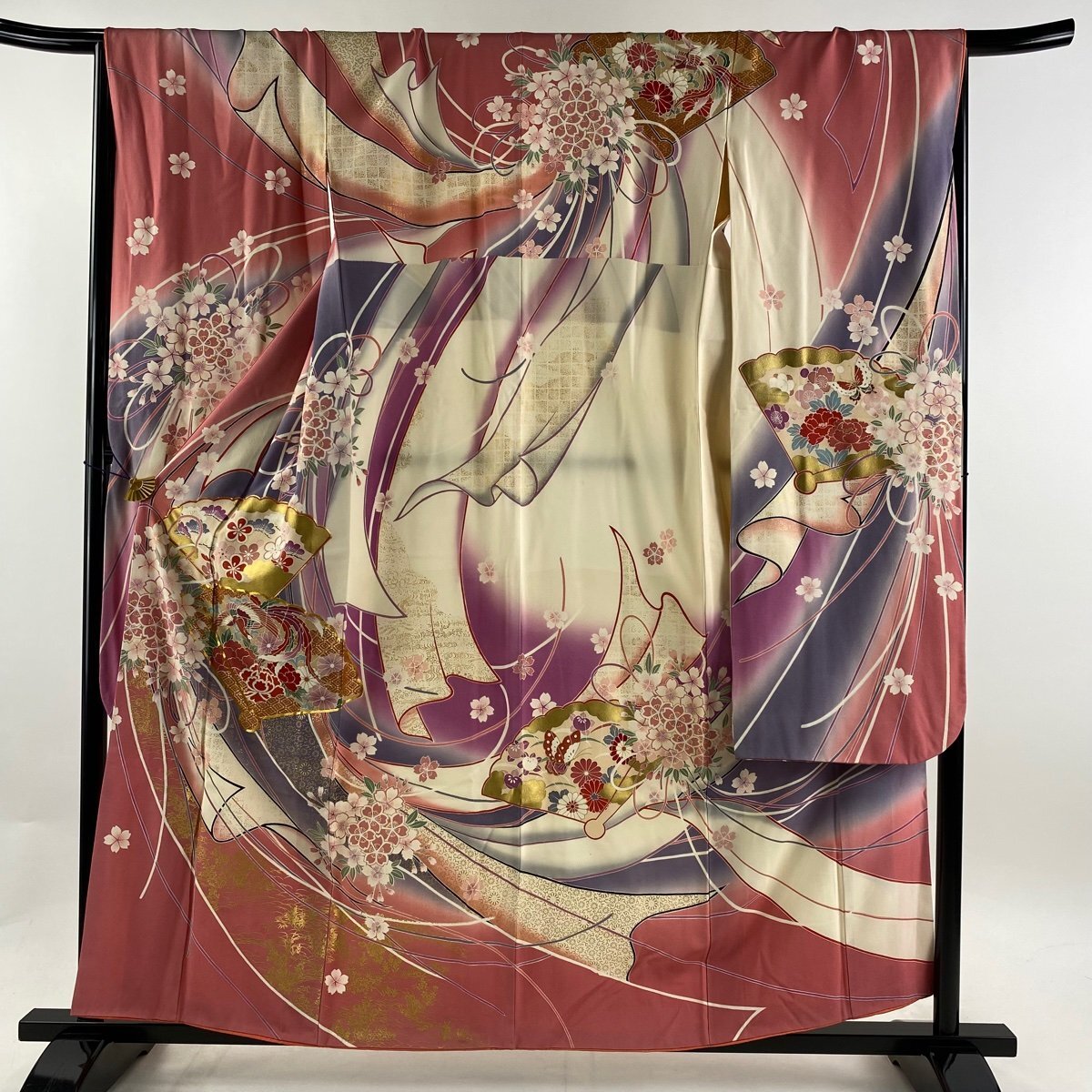 振袖 身丈159cm 裄丈68cm L 袷 落款 扇 桜 金糸 金彩 ピンク 正絹 秀品 【中古】_バイセル 14087_1