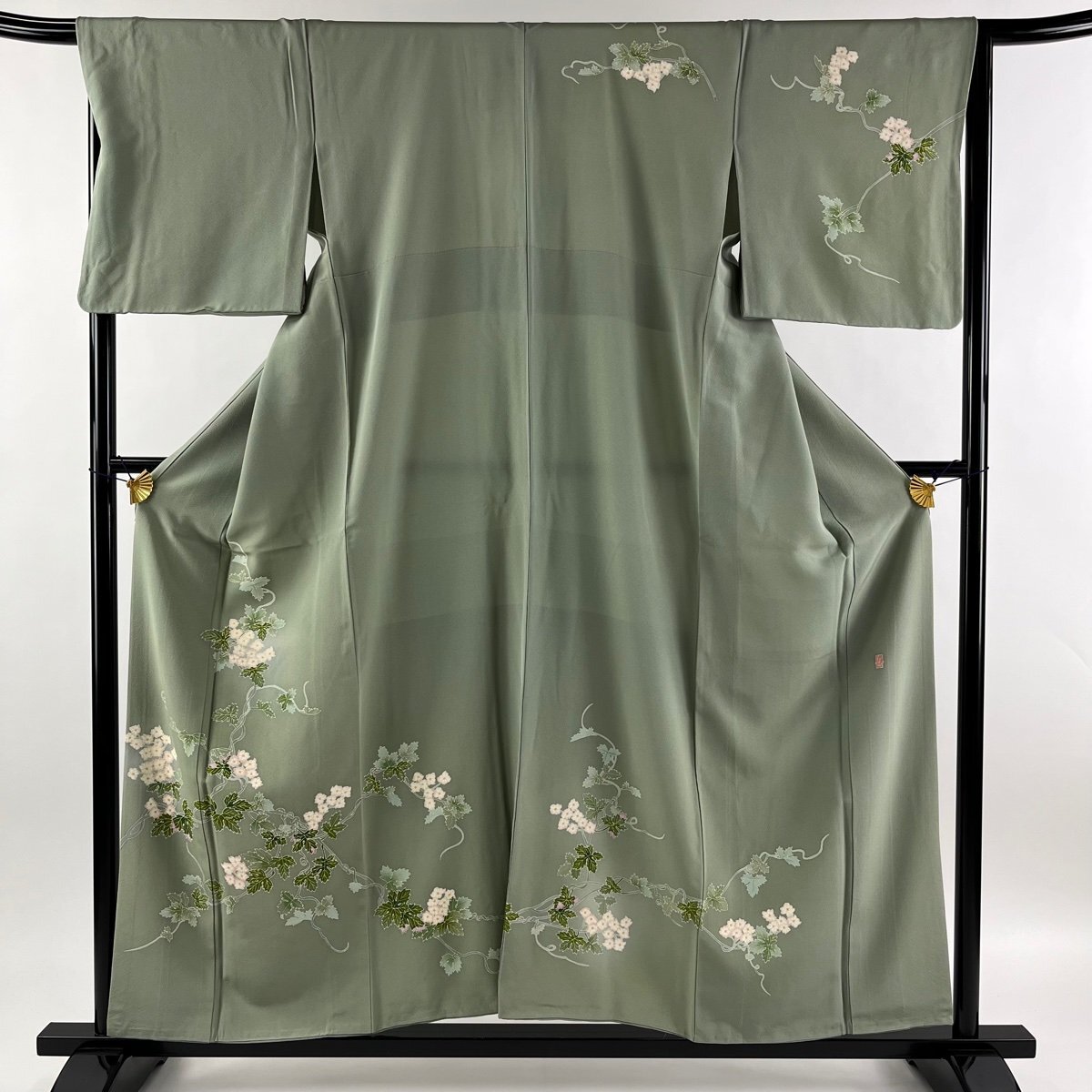 訪問着 身丈157cm 裄丈66cm M 袷 落款 草花 灰緑 正絹 美品 秀品 【中古】