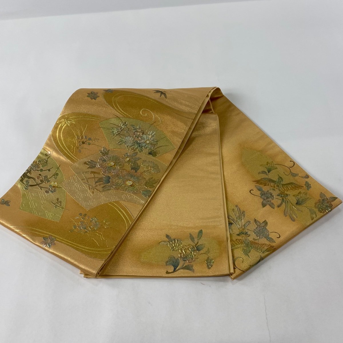 袋帯 名品 扇面 草花 金彩 螺鈿 金色 お太鼓柄 正絹 【中古】_バイセル 14117_7