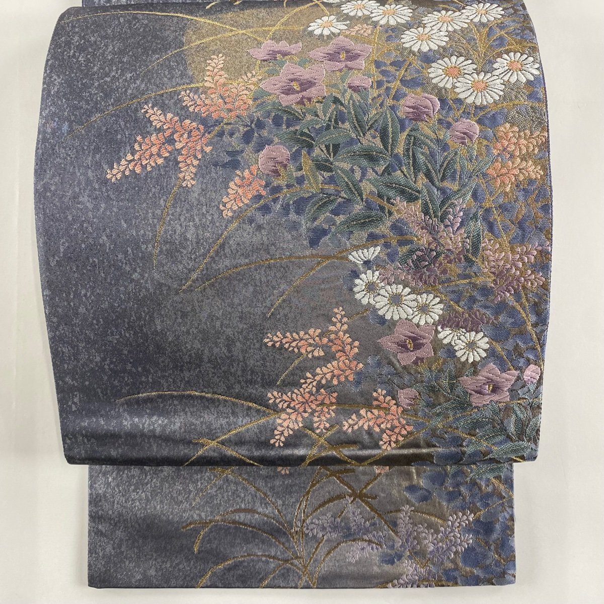 袋帯 美品 名品 落款 じゅらく 草花 金糸 箔 灰紫 六通 正絹 【中古】