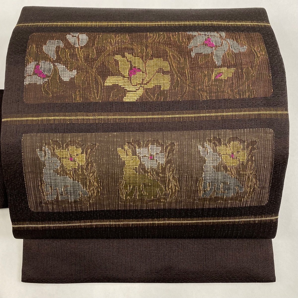 名古屋帯 美品 秀品 夏帯 花唐草 花うさぎ 箔 茶色 正絹 【中古】