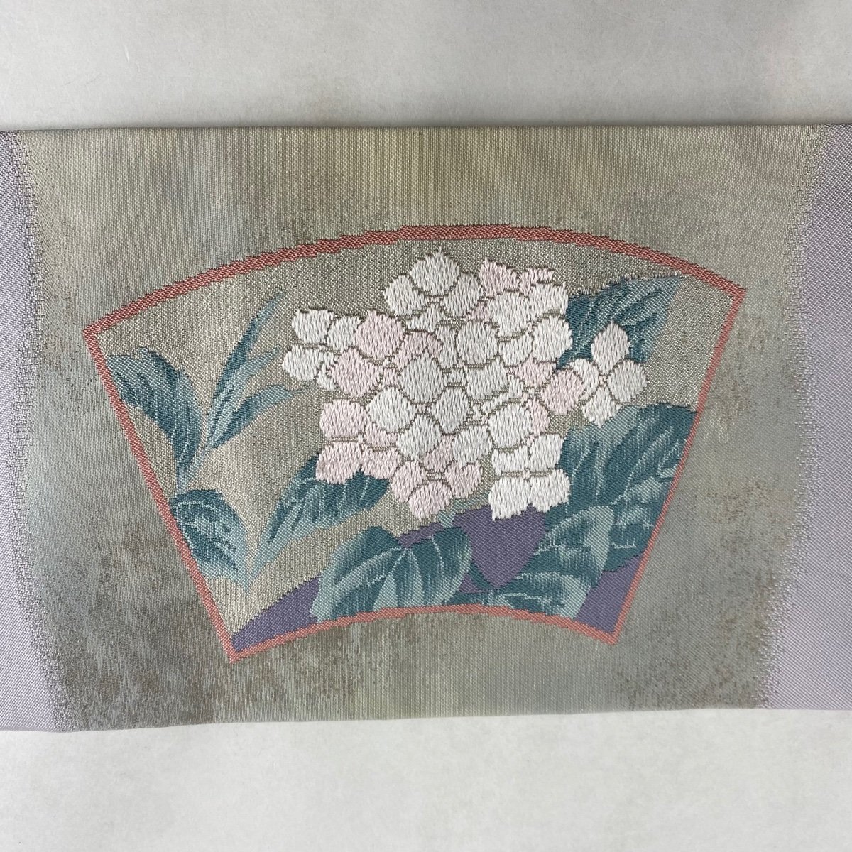 名古屋帯 優品 扇面 草花 刺繍 銀糸 薄紫 正絹 【中古】_バイセル 14118_4