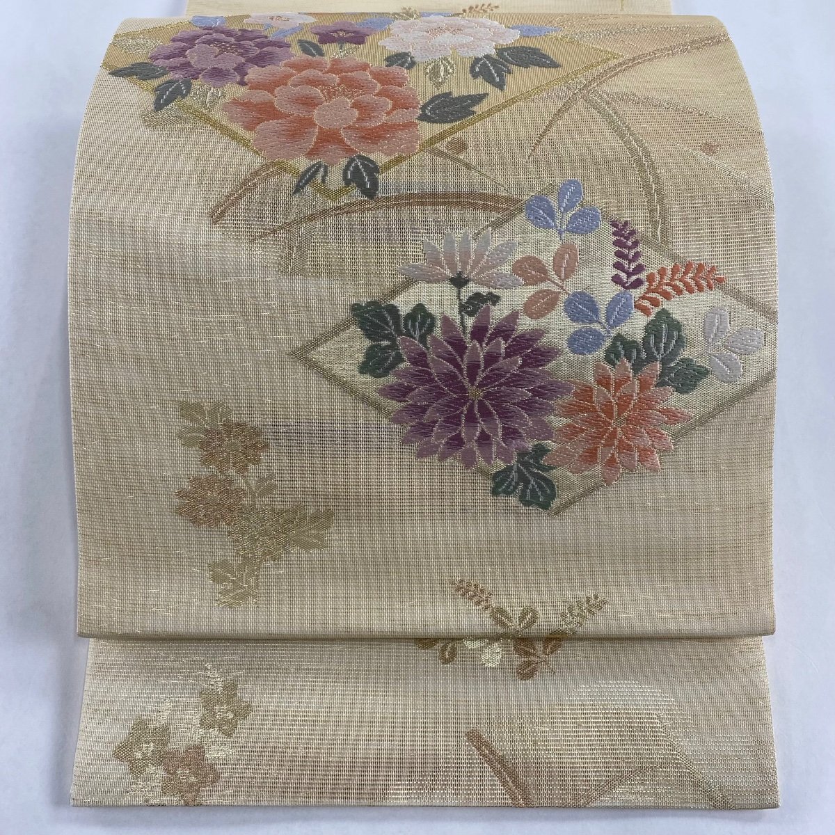 袋帯 美品 秀品 夏帯 絽 草花 菱 唐織 箔 金色 六通 正絹 【中古】