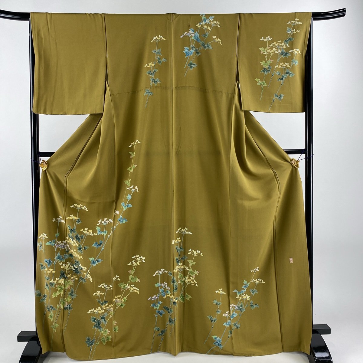 付下げ 身丈168.5cm 裄丈67cm M 袷 落款 草花 茶緑色 正絹 名品 【中古】_バイセル 14089_1