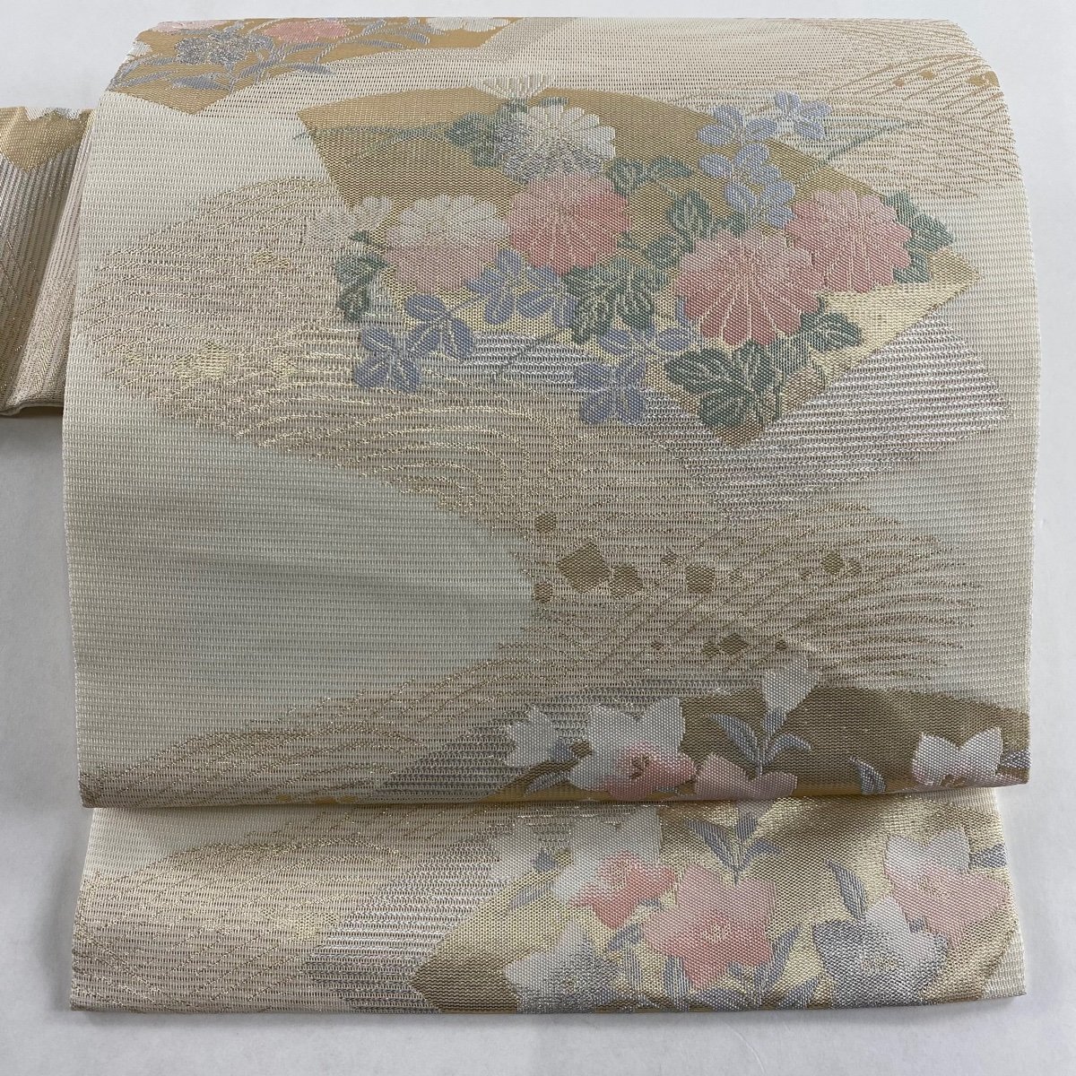 名古屋帯 美品 秀品 夏帯 扇面 秋草 箔 クリーム 正絹 【中古】