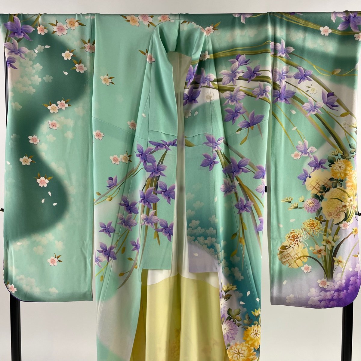 振袖 身丈166cm 裄丈70cm L 袷 雪輪 菊 金糸 ちりめん 薄緑 正絹 逸品 【中古】_バイセル 14087_5