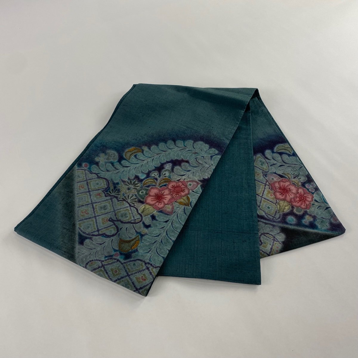 袋帯 美品 秀品 紬地 草花 相良刺繍 深緑 お太鼓柄 正絹 【中古】_バイセル 14117_5