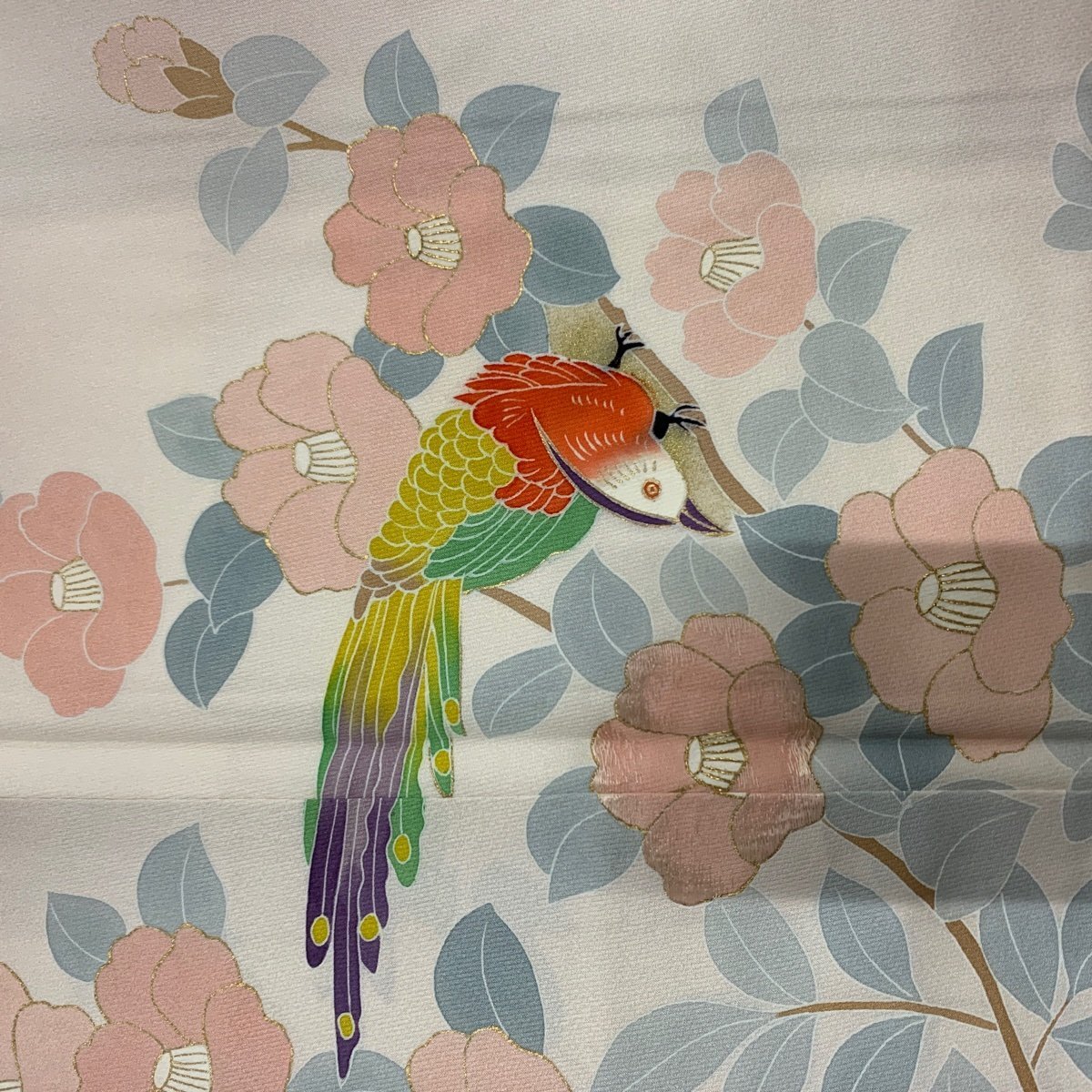  tsukesage length 160cm sleeve length 64cm M. bird . embroidery gold paint light pink silk super goods [ used ]