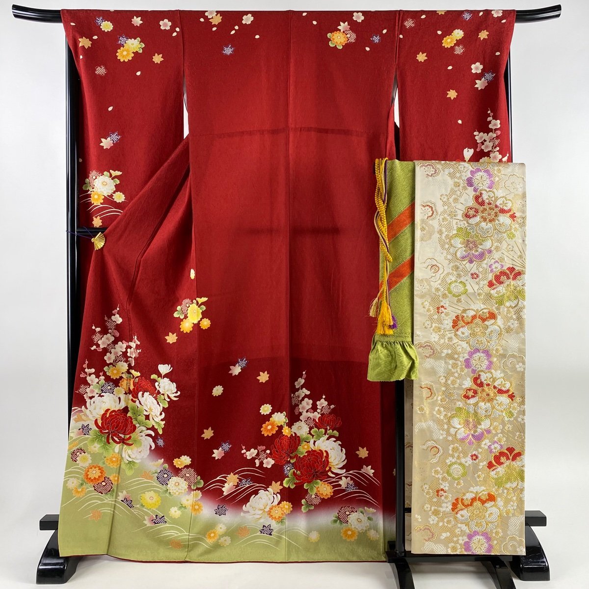 送料無料】 赤 裾ぼかし 枝梅 菊 袋帯フルセット 袷 L 裄丈68.5cm 身丈