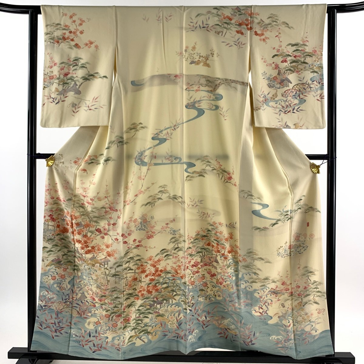 訪問着 身丈156cm 裄丈63cm S 袷 落款 松梅 波 クリーム 正絹 美品 名品 【中古】_バイセル 14088_1