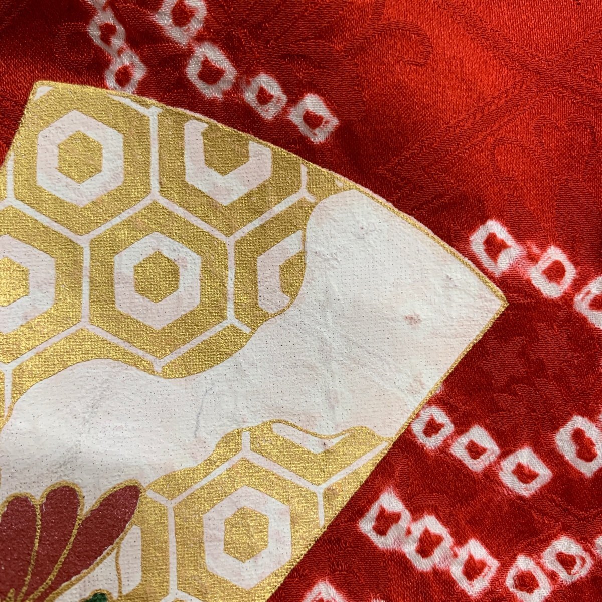  long-sleeved kimono length 160.5cm sleeve length 65.5cm M.... gold thread aperture stop red silk name goods [ used ]