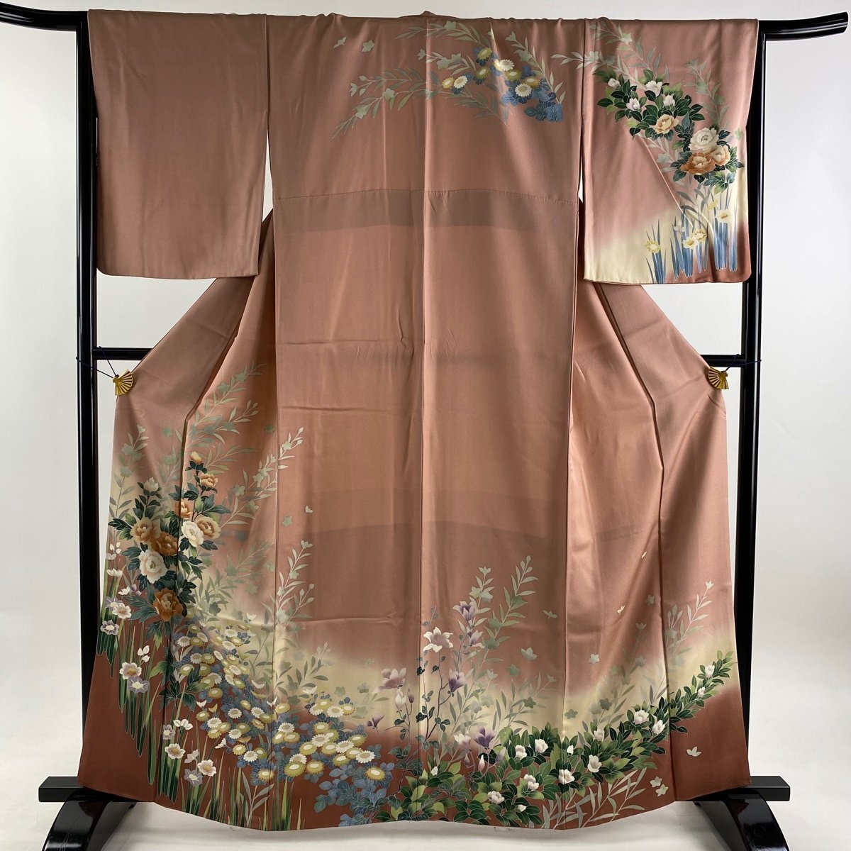 訪問着 身丈162.5cm 裄丈68.5cm L 袷 牡丹 菊 ぼかし 薄紅色 正絹 秀品 【中古】_バイセル 14088_1