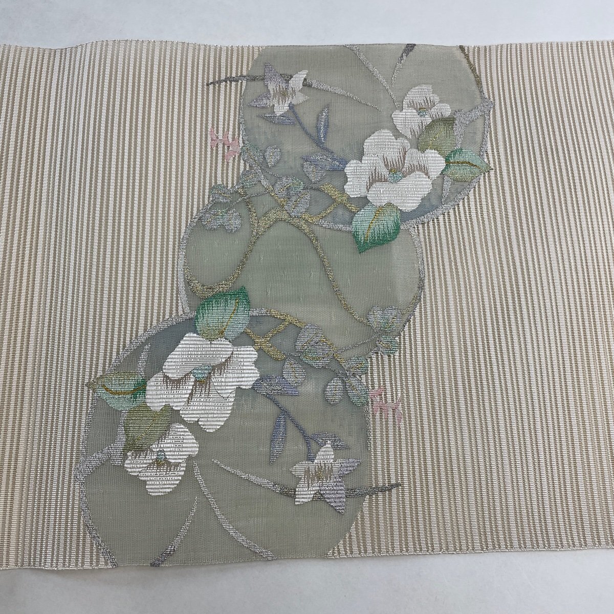 名古屋帯 美品 名品 八寸名古屋帯 松葉仕立て 夏帯 絽 トンネル仕立て 草花 金銀糸 クリーム 正絹 【中古】_バイセル 14118_4