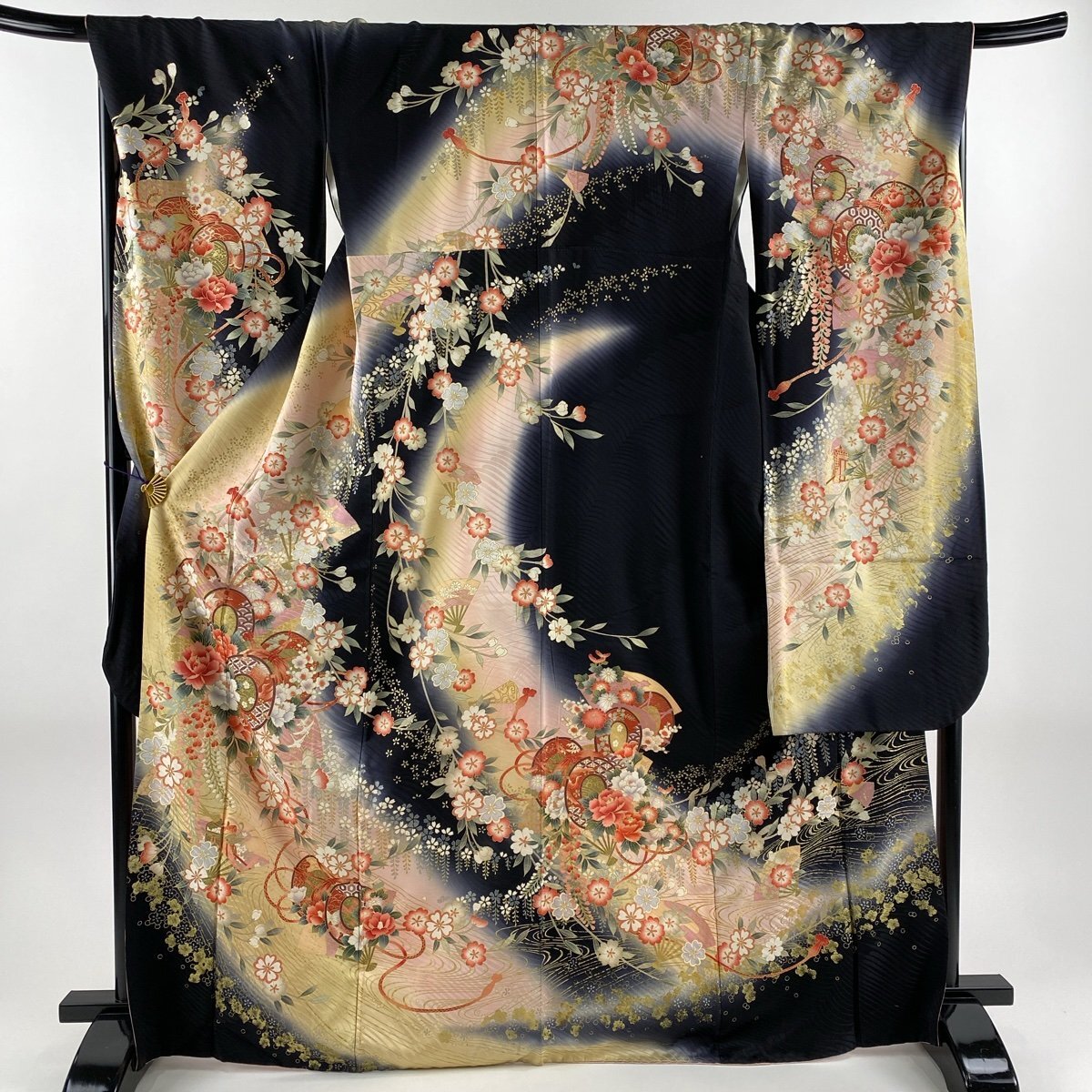  long-sleeved kimono length 168cm sleeve length 69cm L. hand drum . flower gold silver . bokashi black silk preeminence goods [ used ]