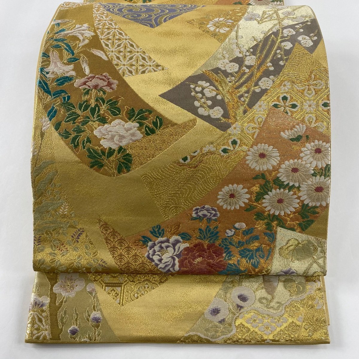 袋帯 美品 名品 宗達草花図 金糸 箔 黄土色 六通 正絹 【中古】_バイセル 14117_1