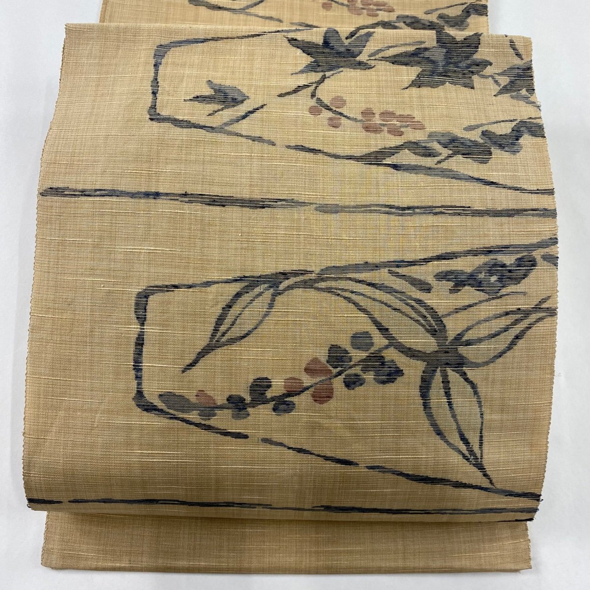 名古屋帯 優品 夏帯 紬地 八寸名古屋帯 葉と実 枝花 薄茶色 正絹 【中古】_バイセル 14118_1