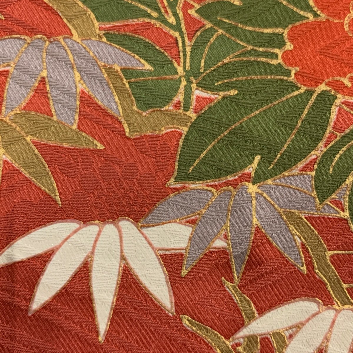  long-sleeved kimono length 158.5cm sleeve length 66cm M.. place car pine bamboo plum gold paint red silk preeminence goods [ used ]