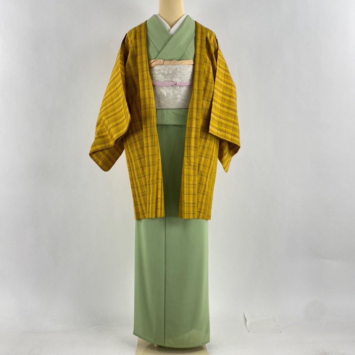 羽織 身丈86cm 裄丈64cm M 紬地 格子 山吹色 正絹 美品 名品 【中古】_バイセル 14098_2