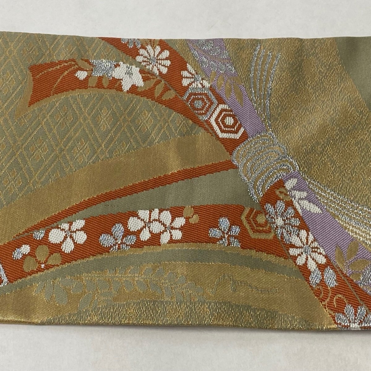 名古屋帯 美品 優品 束ね熨斗 花菱 金銀糸 箔 灰緑 正絹 【中古】_バイセル 14118_3