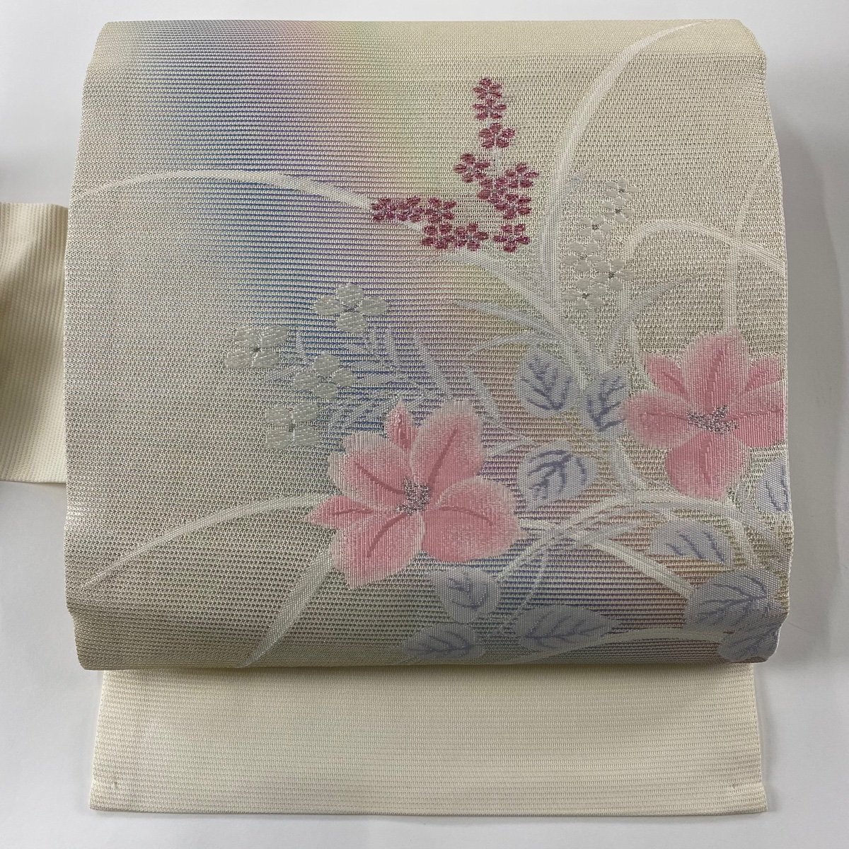 名古屋帯 秀品 夏帯 絽 草花 箔 銀糸 クリーム 正絹 【中古】_バイセル 14118_1