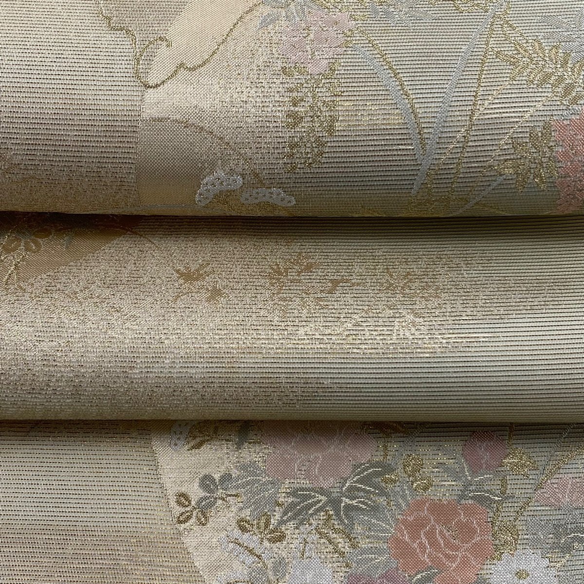 袋帯 秀品 夏帯 絽 月明かり 草花 箔 金糸 ベージュ 六通 正絹 【中古】_バイセル 14117_3