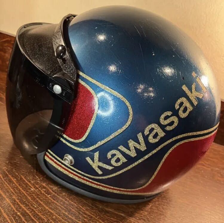 ヤフオク いますぐ落札 '70 kawasaki vintage カワサキ ジェットヘルメット サイズM-L リペア済み スモークシールド 激レア_画像1