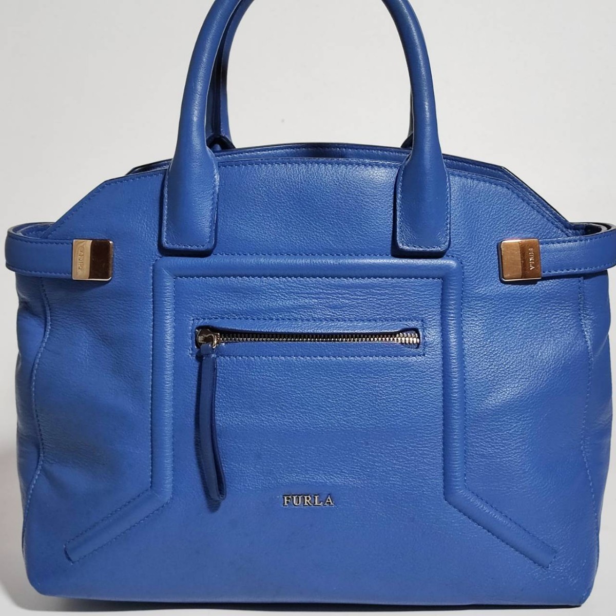 美品 フルラ トートバッグ 本革 シボ革 シュリンクレザー FURLA ブルー 青 ビジネスバッグ ブリーフケース メンズ 大容量 仕事 A4可 肩掛け_画像2