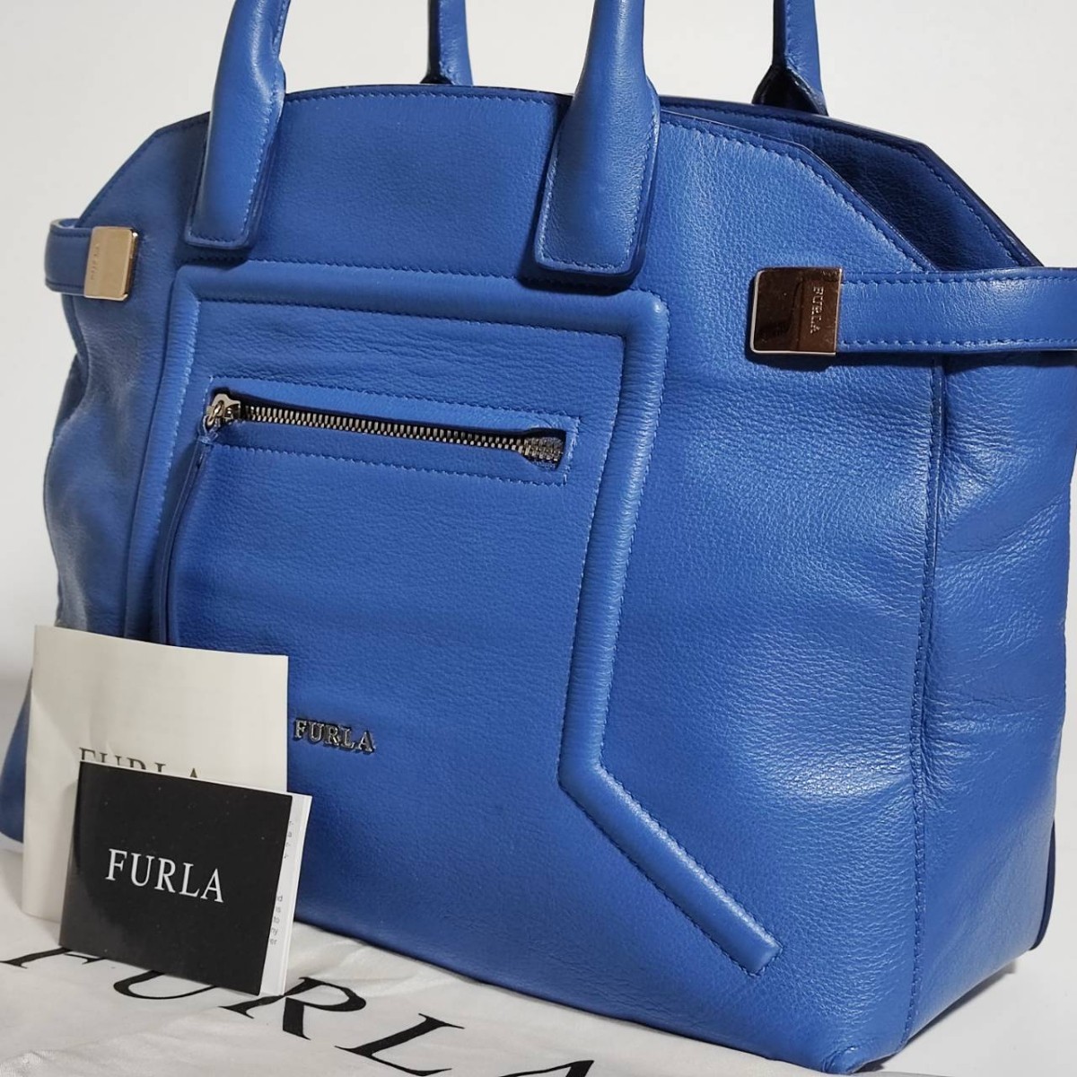 美品 フルラ トートバッグ 本革 シボ革 シュリンクレザー FURLA ブルー 青 ビジネスバッグ ブリーフケース メンズ 大容量 仕事 A4可 肩掛け_画像1