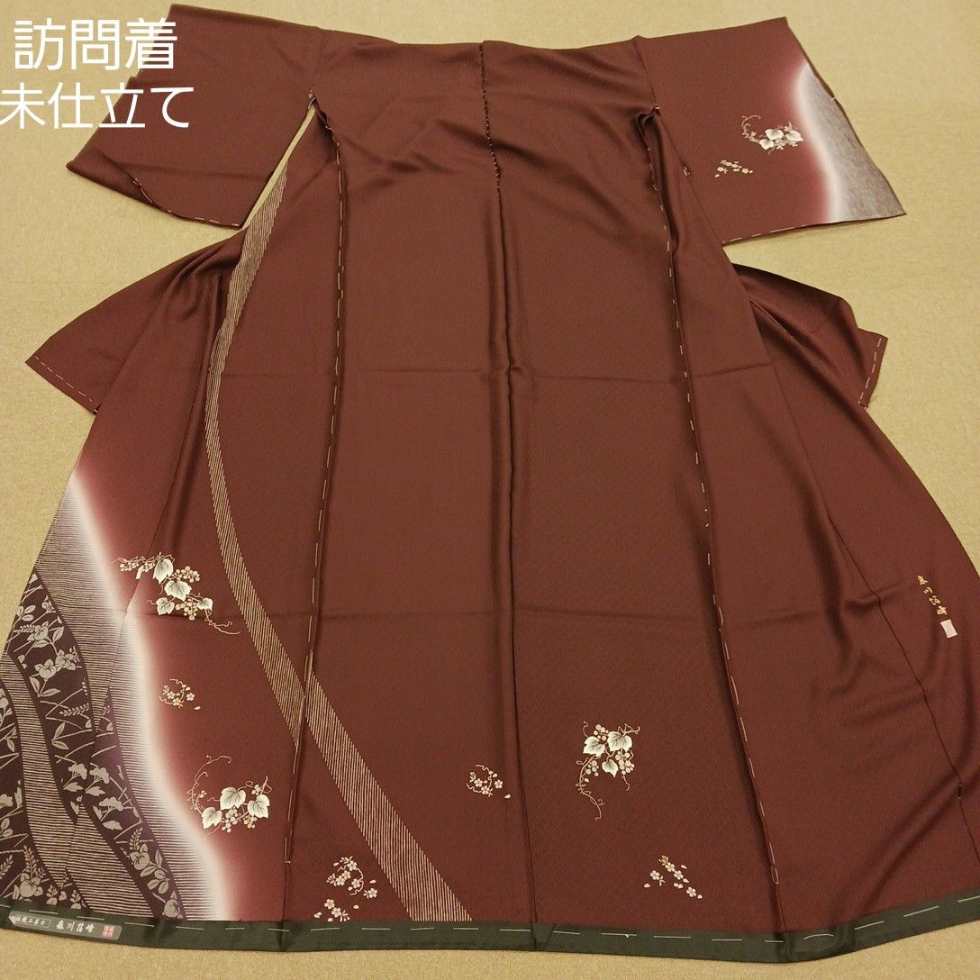 正絹 訪問着 赤茶色 えんじ色 仮仕立 仮絵羽 リメイク 古布 正絹 訪問着 赤茶色 えんじ色 仮仕立 仮絵羽 リメイク 古布