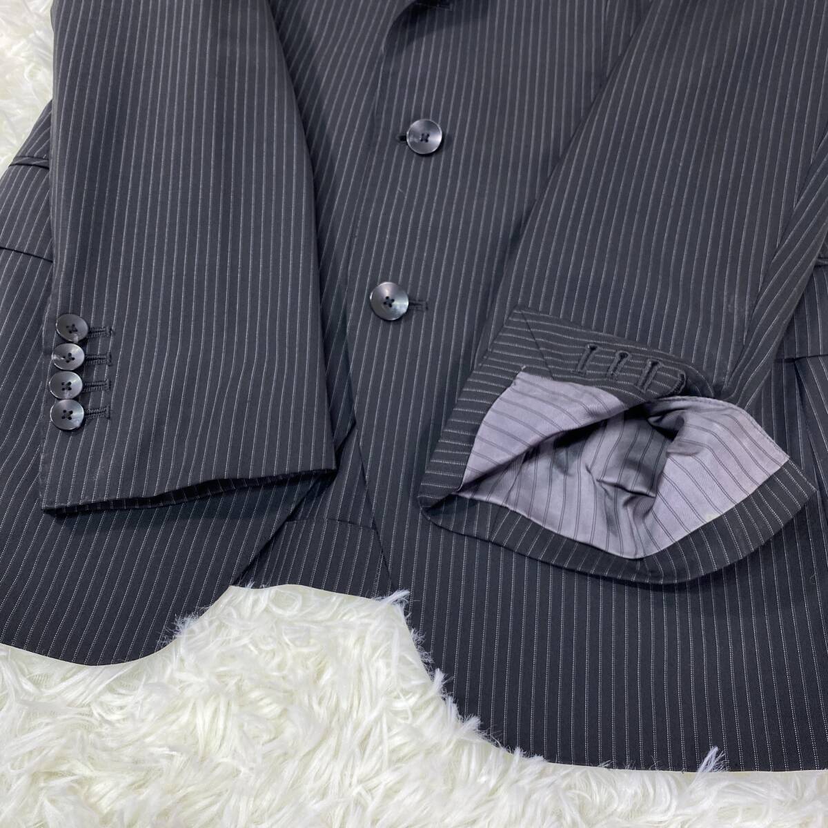 Italy製 スーツセレクト REDA生地 メンズ ビジネス スーツ ジャケット パンツ 上下 セット ストライプ 黒 A5 本切羽 ブラック レダ 通勤 _画像6