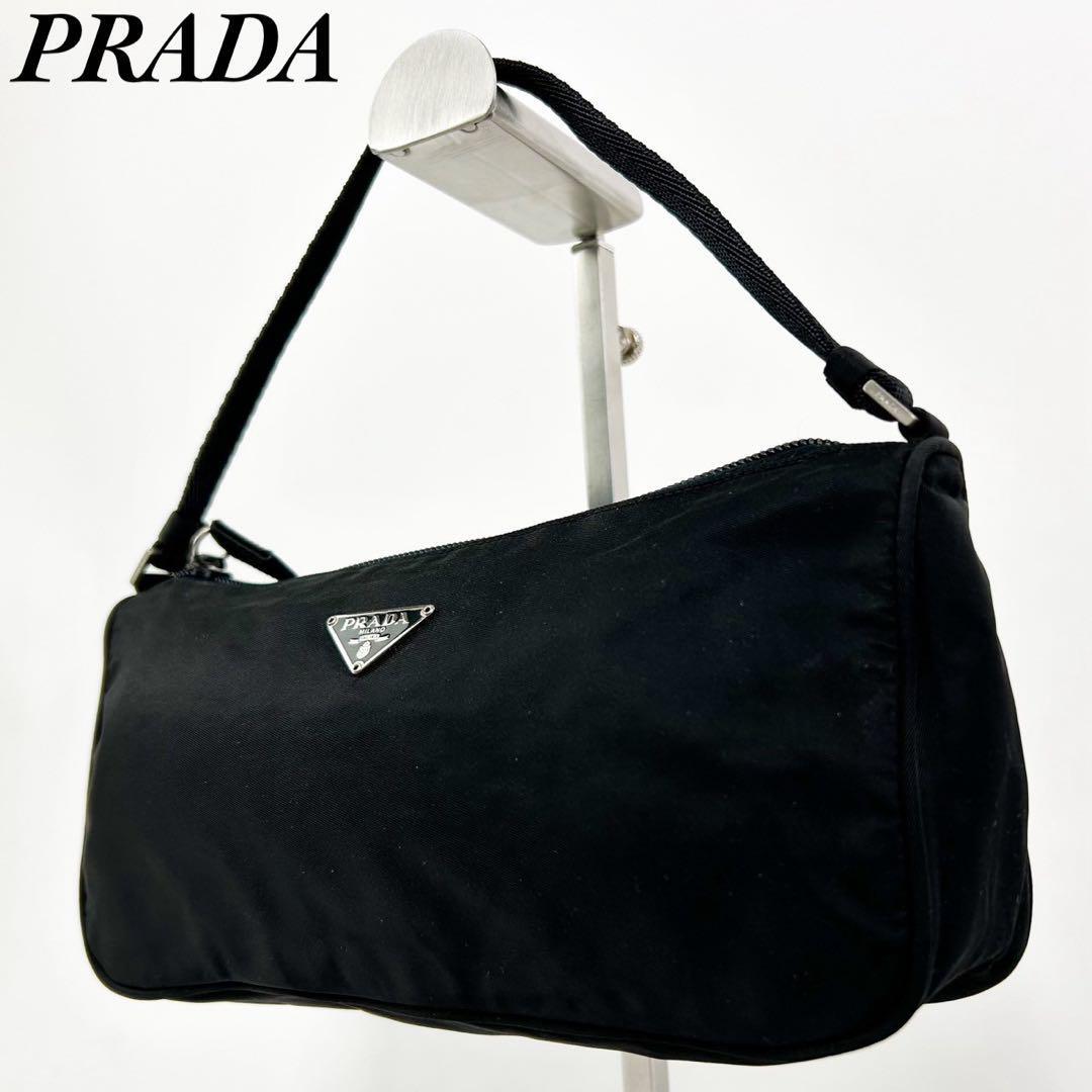 極美品・人気モデル PRADA プラダ アクセサリーポーチ ハンドバッグ ショルダーバッグ 三角プレート 白タグ ナイロン ブラック