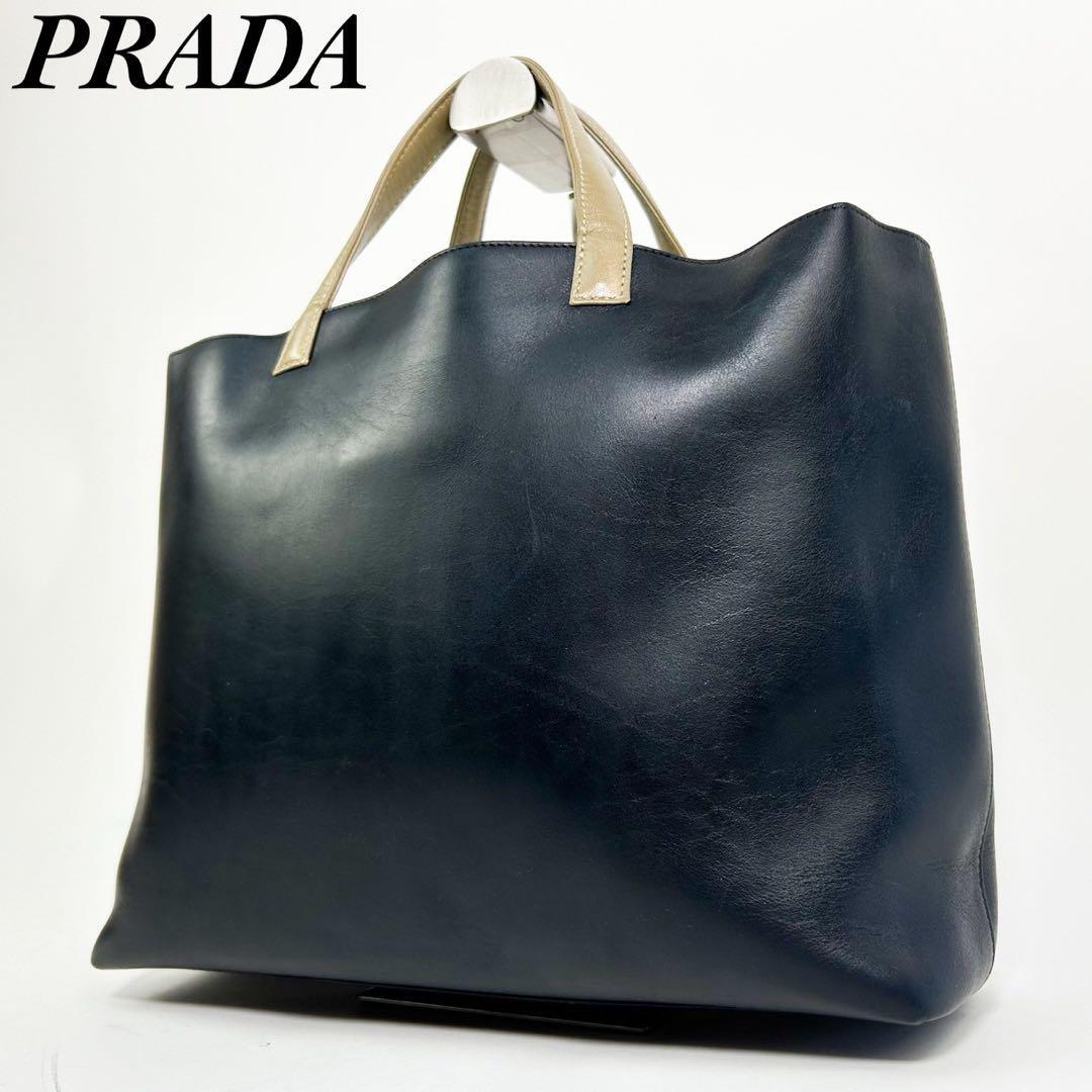 美品・希少モデル PRADA プラダ トートバッグ ハンドバッグ ビズネスバッグ A4収納 白タグ レザー ネイビー ユニセックス_画像1