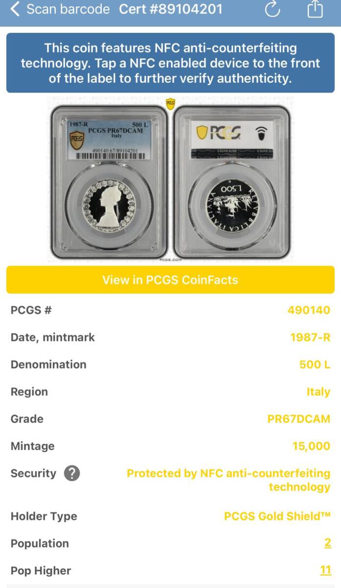 ★金終 【PCGS PR67DCAM】1987 イタリア 500L銀貨 完全未使用 プルーフ 世界コイン 古銭 貨幣 硬貨 銀貨 金貨 銅貨【決済期限火曜日】_画像5