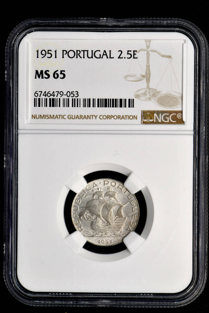 ★日終 【NGC MS65】1951 ポルトガル 2.5E銀貨 完全未使用 世界コイン 古銭 貨幣 硬貨 銀貨 金貨 銅貨【決済期限火曜日】_画像3