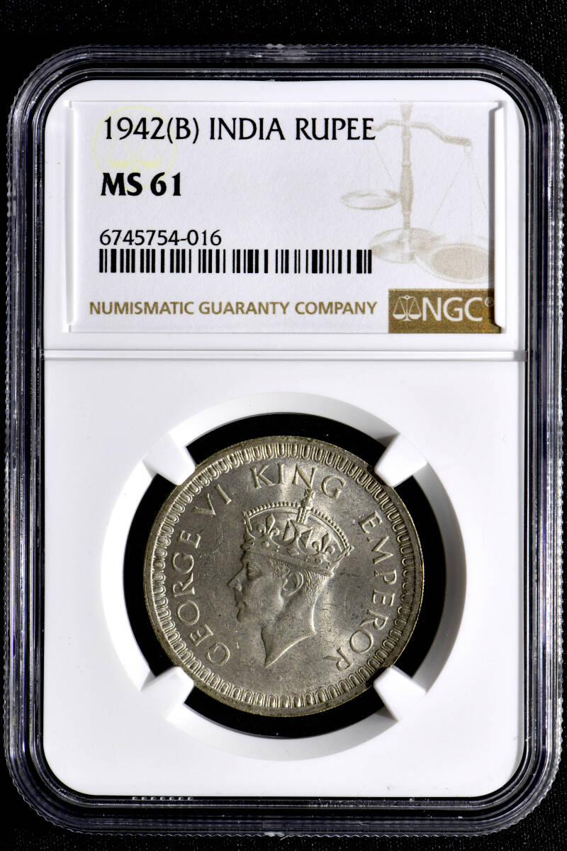 ★土終 【NGC MS61】1942B インド 1R銀貨 未使用 世界コイン 古銭 貨幣 硬貨 銀貨 金貨 銅貨【決済期限火曜日】_画像3