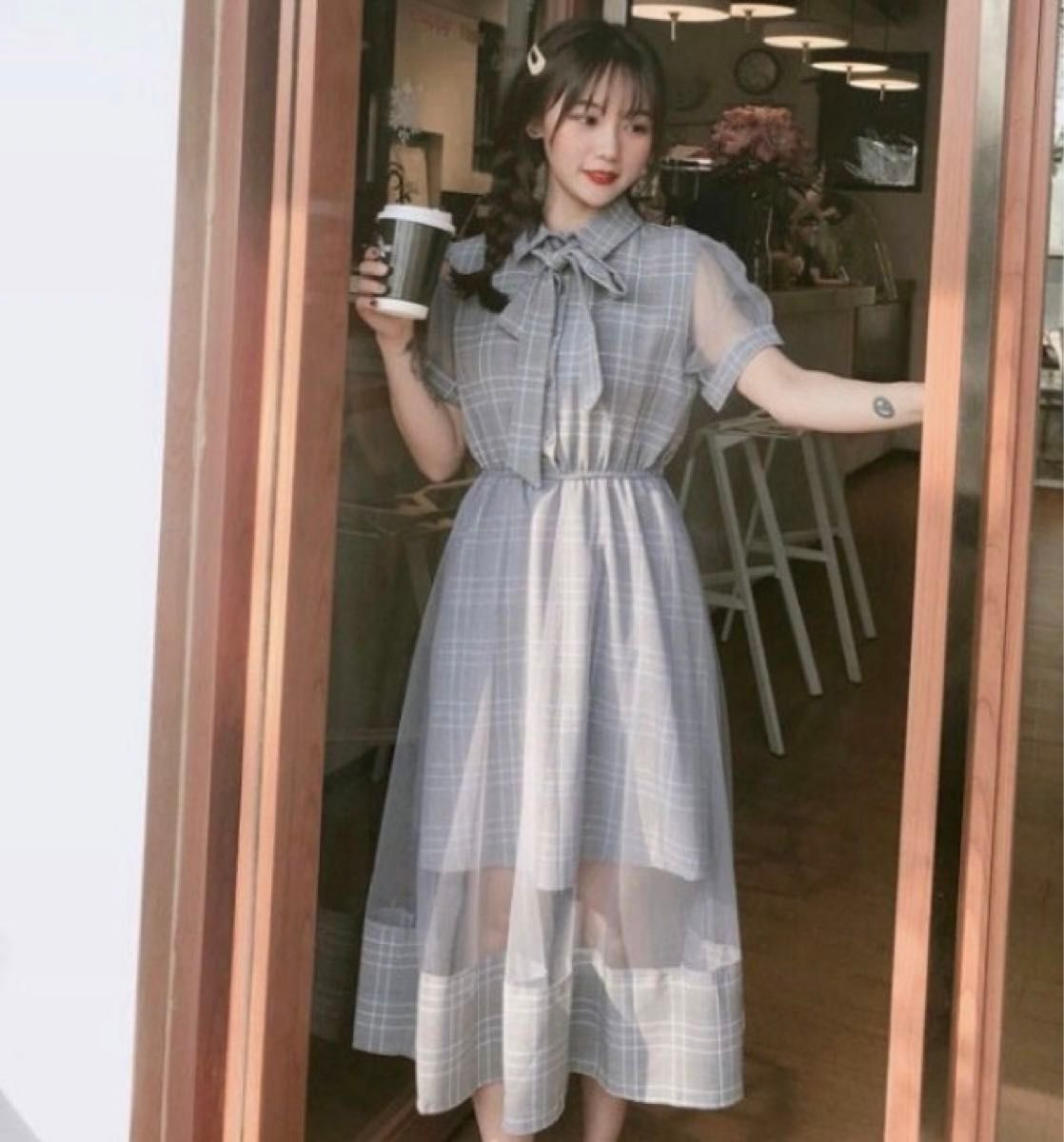 ノースリーブ ワンピース チェック柄 ロング シースルー 韓国 シースルー チェック柄ロング ワンピース 半袖 韓国ファッション