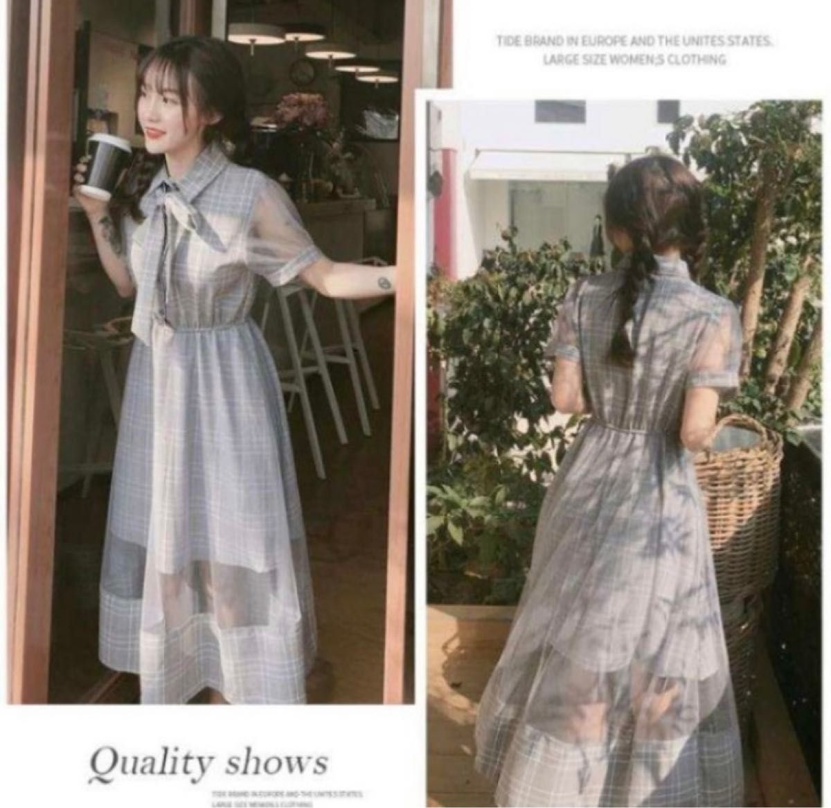 韓国ワンピ☆オルチャンワンピース シースルーハートマーク シースルー チェック柄ロング ワンピース 半袖 韓国ファッション
