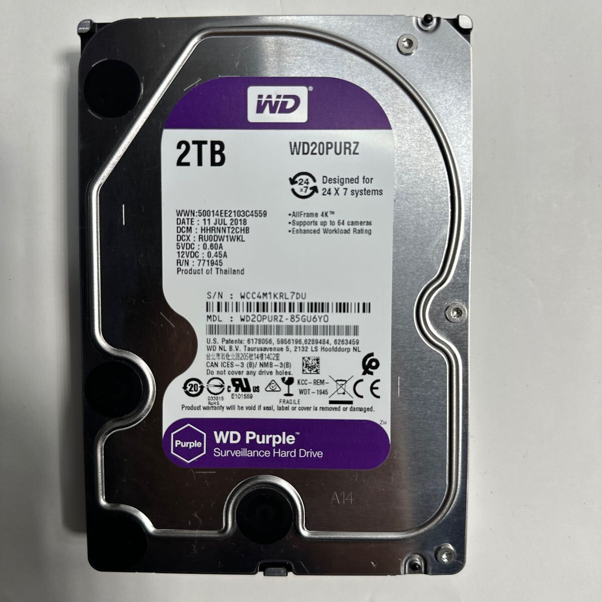 「63」「65」「68」 3個セット 3WD Purple WD20PURZ 2TB SATA3.5インチ/HDD (使用36994)の画像1