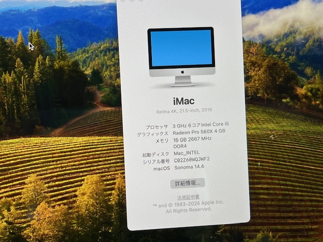 【ジャンク】Apple iMac Retina 4K 21.5inch 2019 A2116 Corei5-8500 メモリ16GB NVMe M.2 SSD1TB OS Sonoma14 元箱付 _画像2