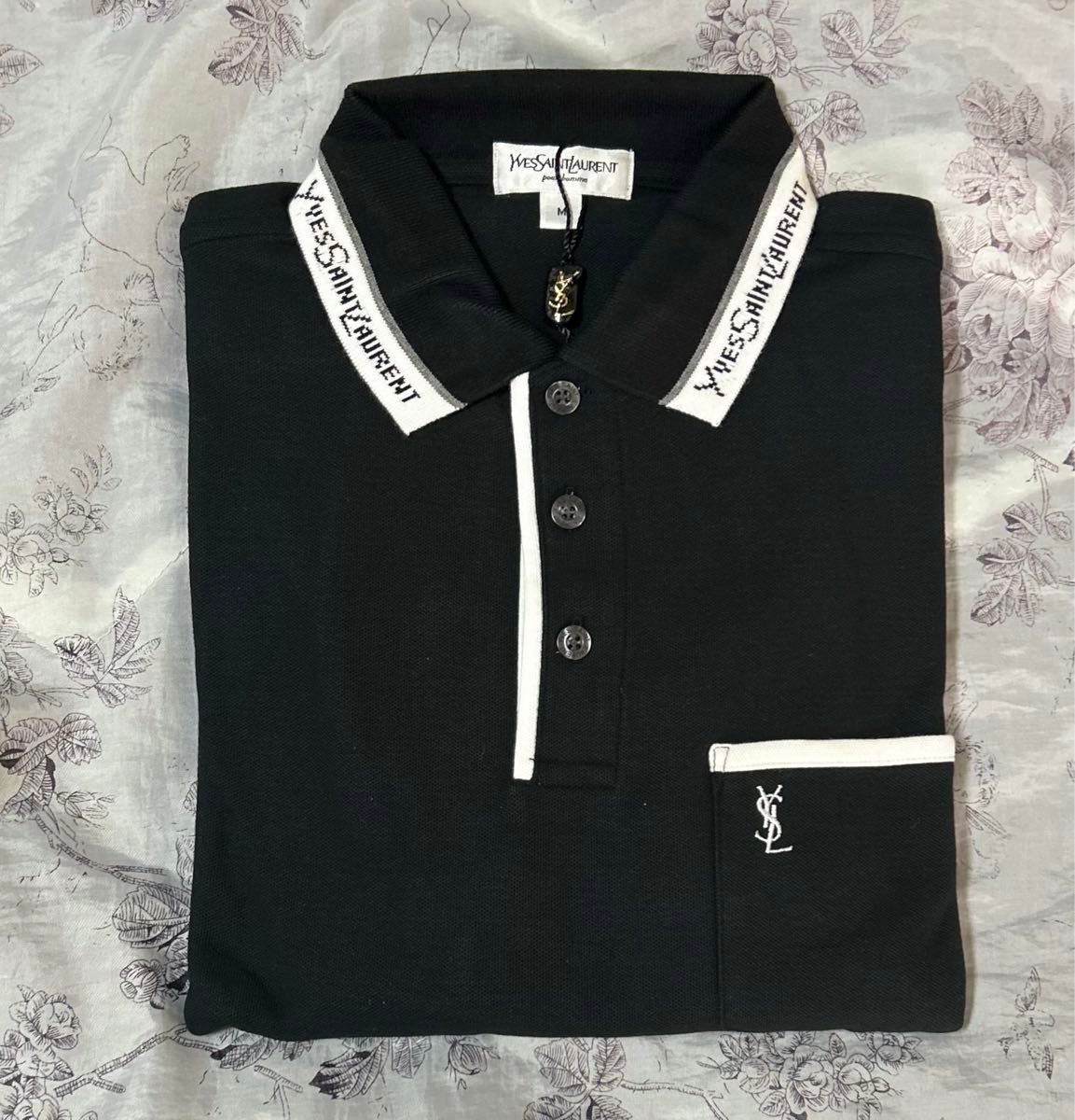 【新品】YSL★イヴサンローラン タグ付 刺繍ロゴ Vintage 長袖ポロシャツMサイズ