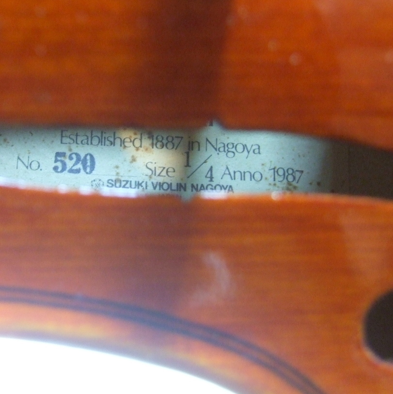 メンテ済 虎杢 スズキバイオリン No520 分数1/4 希少サイズ 1987年 AT SALDO 弓 ドミナント 送料無料の画像7