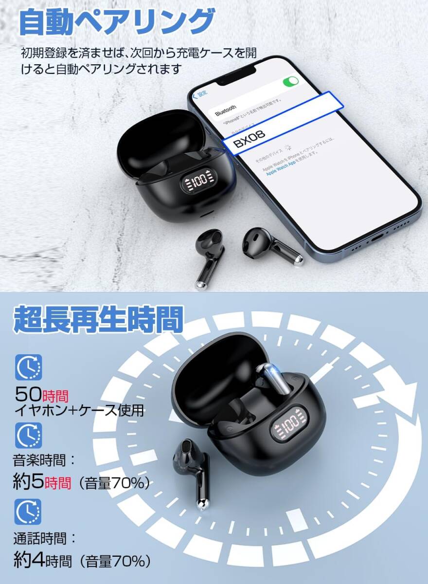 2024年モデル Bluetooth 5.3 ワイヤレスイヤホン Hi-Fi 自動ペアリング ダブルマイクENC ハンズフリー通話ノイズキャンセリング 無線_画像6