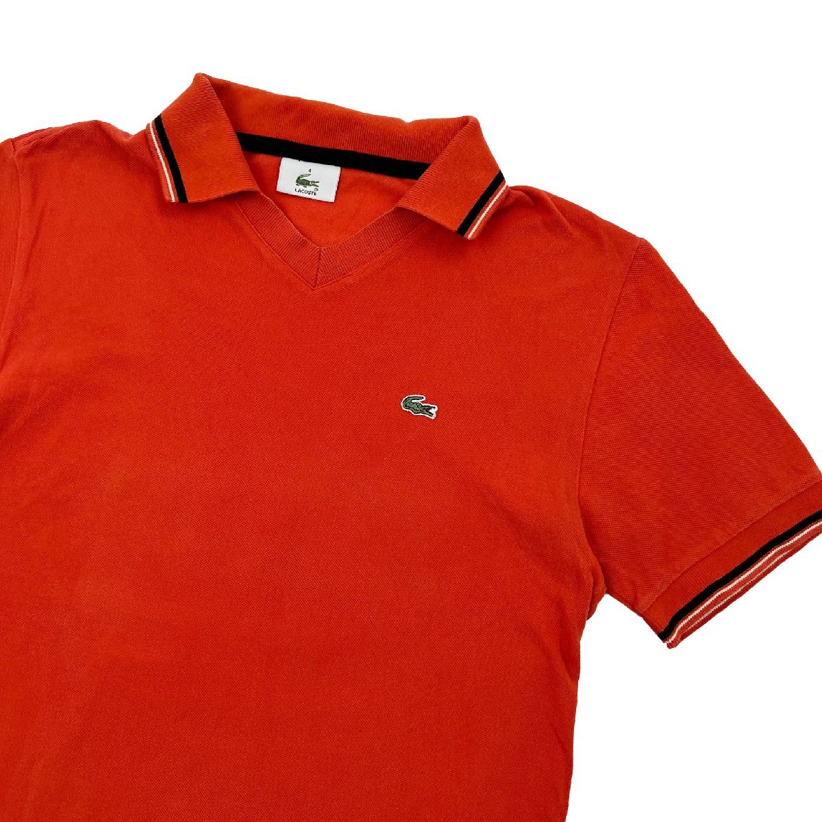 LACOSTE ラコステ 襟,袖ライン入り スキッパー 半袖 ポロシャツ サイズ 4 /ファブリカ/日本製/オレンジ系の画像1
