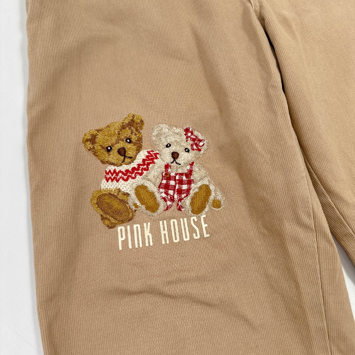 PINK HOUSE ピンクハウス テディベア刺繍 くま ロゴワッペン オーバーオール サロペット オールインワン/ベージュ/日本製_画像4