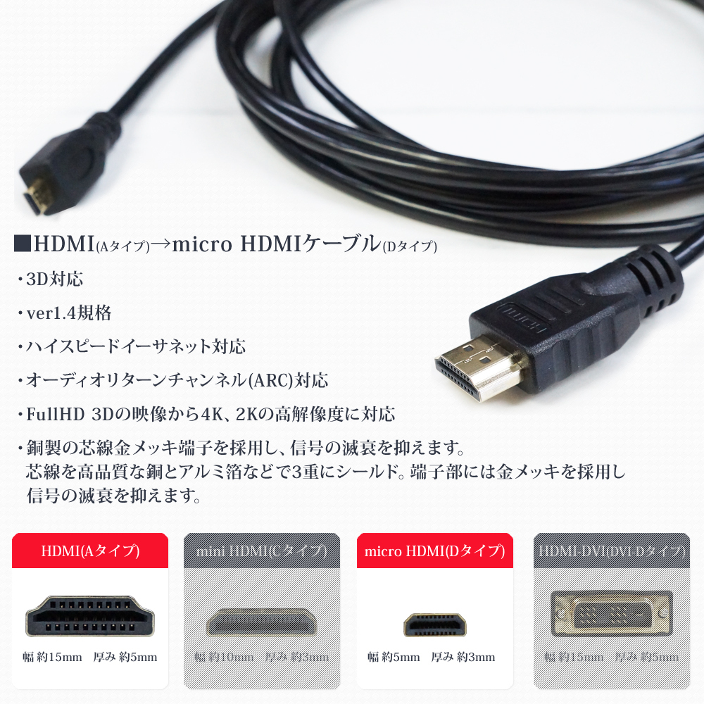 マイクロHDMIケーブル 5m タイプA-D ver1.4 ハイスピード イーサネット 24金メッキ メール便送料無料 代引・日時指定不可 XCA244_XCA243244